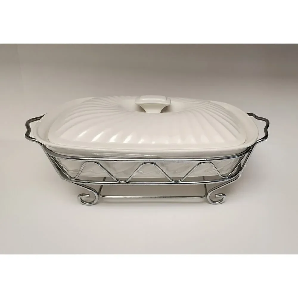 Godinger Rare Vintage 2 Quart Rectangular Covered Porcelain Baker W/Serving Rack